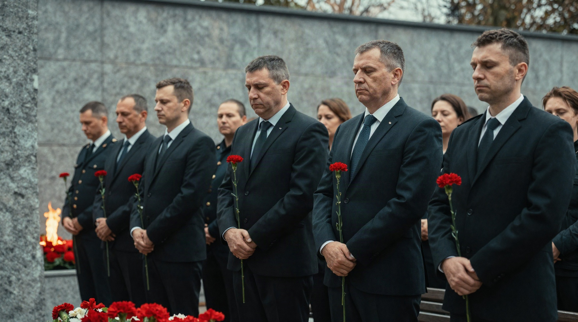 Сотрудники ведомств стоят в шеренге у мемориальной стены во время официальной церемонии